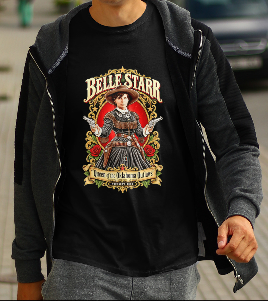 Belle Starr Queen Of The Oklahoma Outlaws Younger's Bend Roses Gunslinger T-Shirt