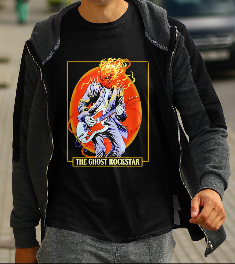 Ghost Rider The Ghost Rockstar Flaming Guitar Hero Fiery Skull T-Shirt