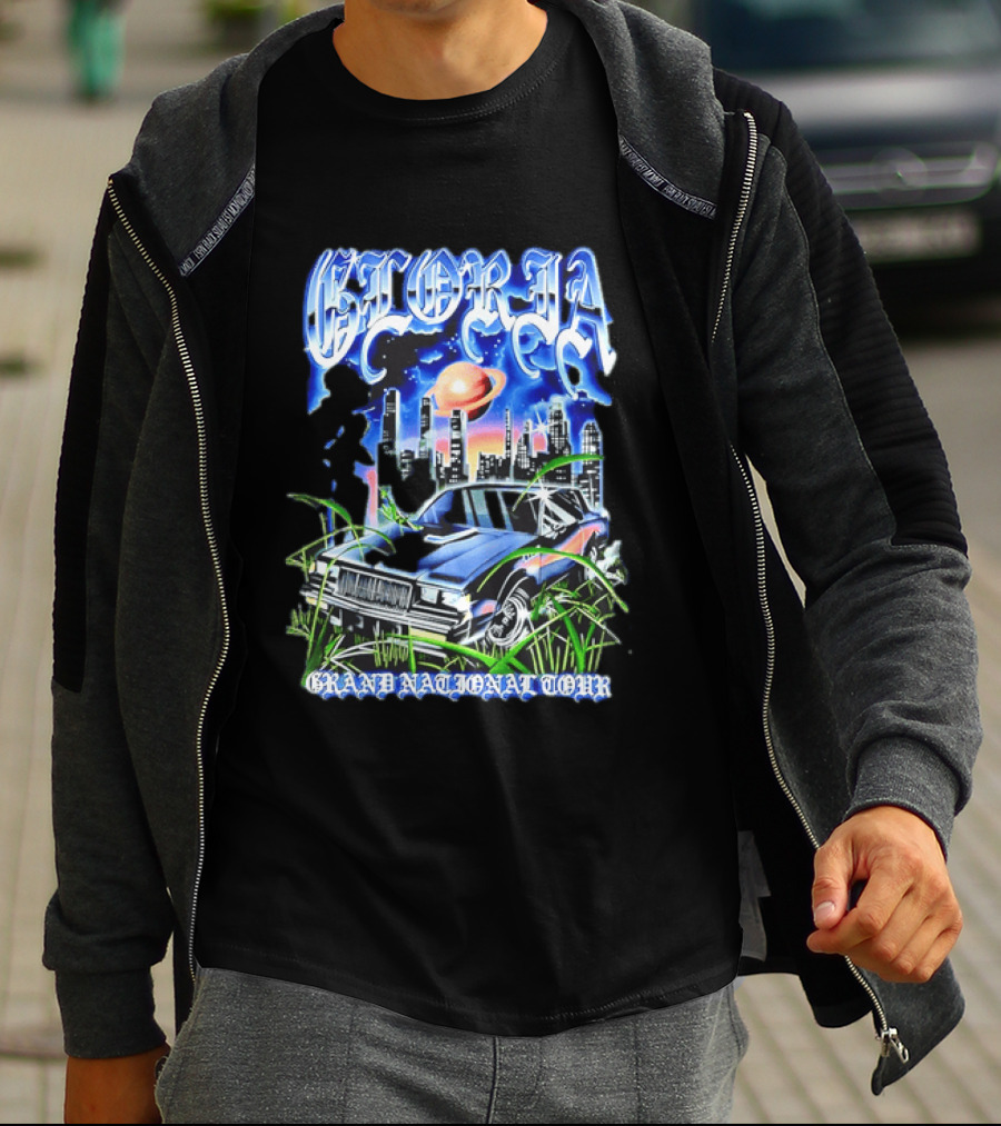Gloria Grand National Tour Classic Car City Skyline Planet T-Shirt