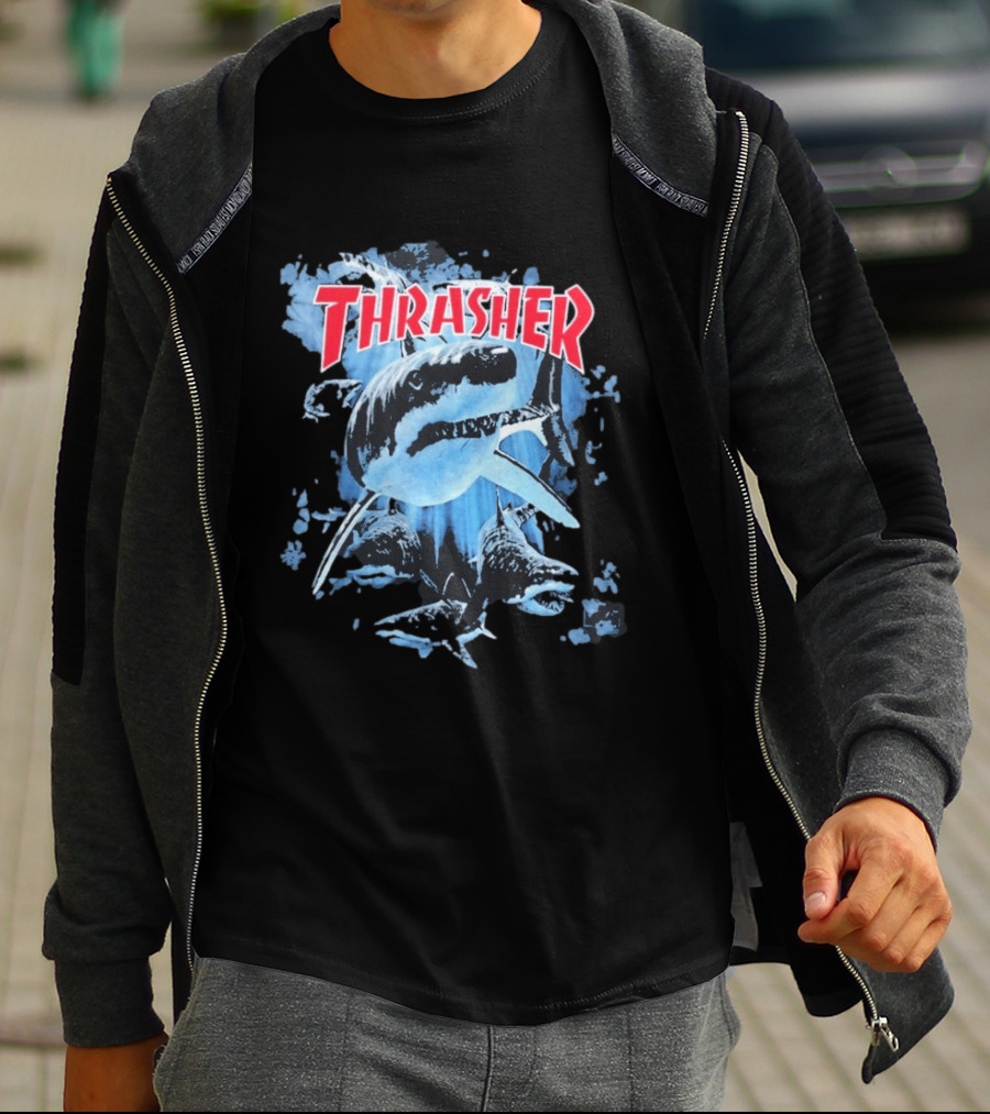 Thrasher Shark Blue Print Skateboarding T-Shirt