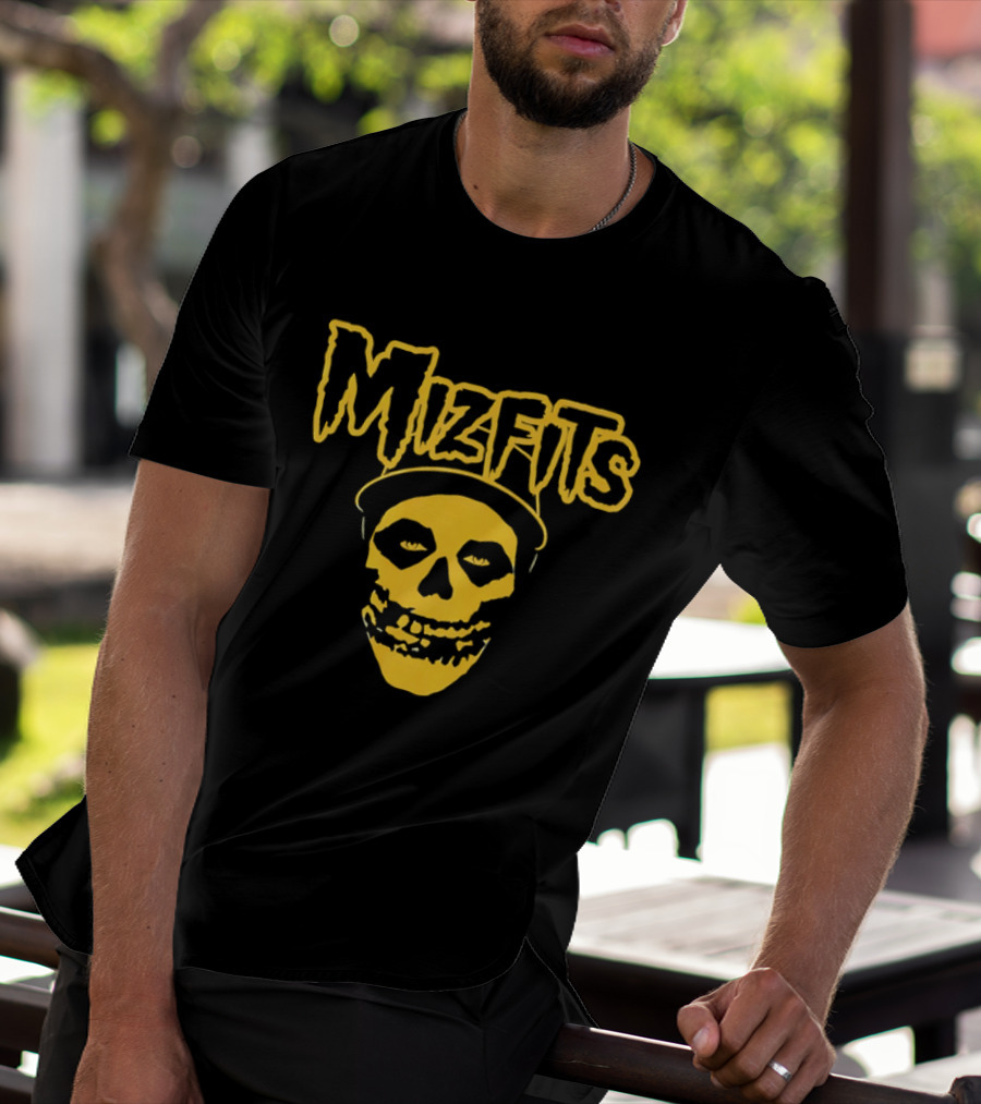Mizfits Yellow Dripping Horror Font Skull In Baseball Cap T-Shirt
