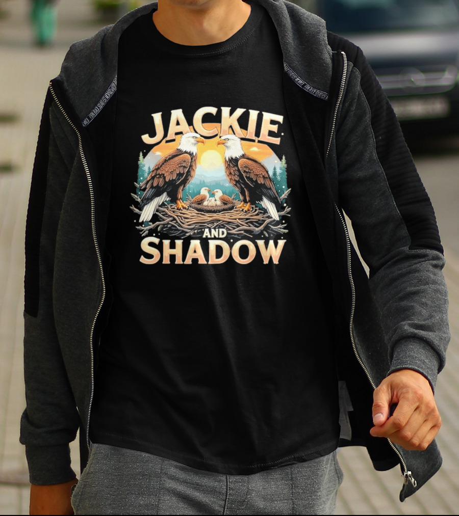 Jackie And Shadow American Eagles Family In Nest With Mountains And Sun T-Shirt