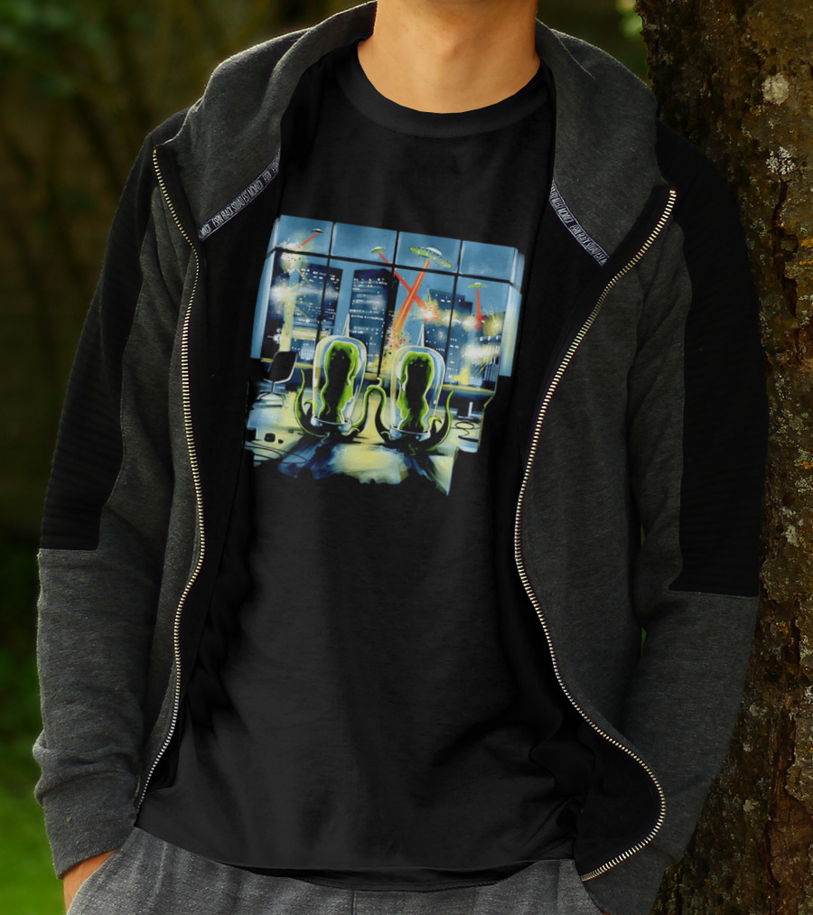 Project Rigel Alien Invasion City Battle Scene With Flying Saucers And Lasers T-Shirt