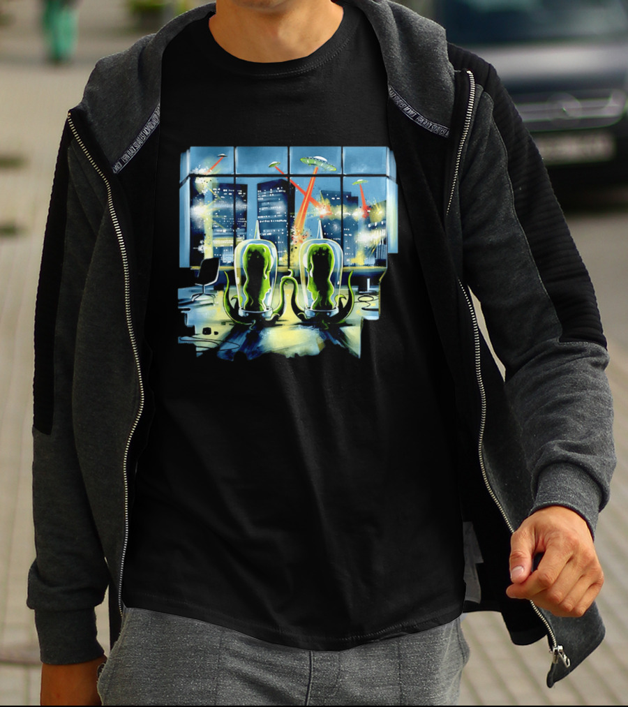 Project Rigel Alien Invasion City Battle Scene With Flying Saucers And Lasers T-Shirt
