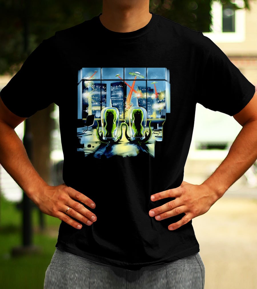 Project Rigel Alien Invasion City Battle Scene With Flying Saucers And Lasers T-Shirt