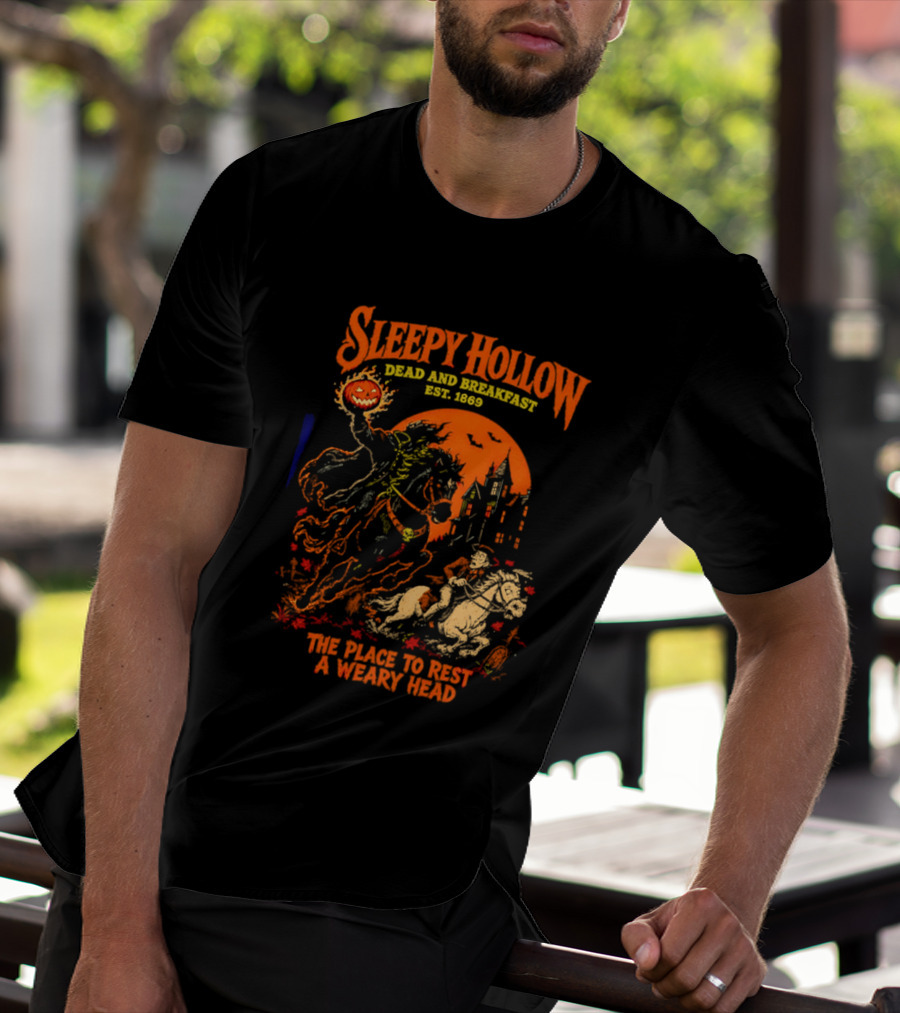 Sleepy Hollow Dead And Breakfast Est 1820 Headless Horseman The Place To Rest A Weary Head Halloween Pumpkin T-Shirt