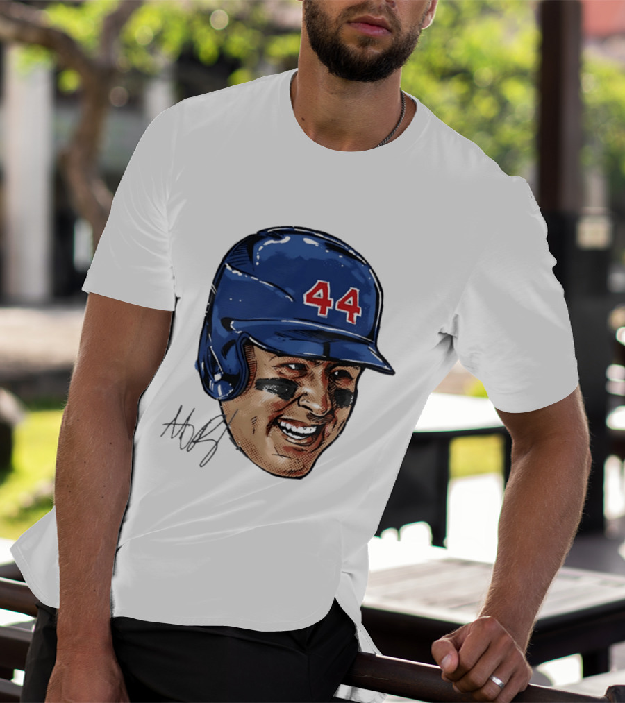 Anthony Rizzo 44 Blue Helmet Halftone Caricature T-Shirt