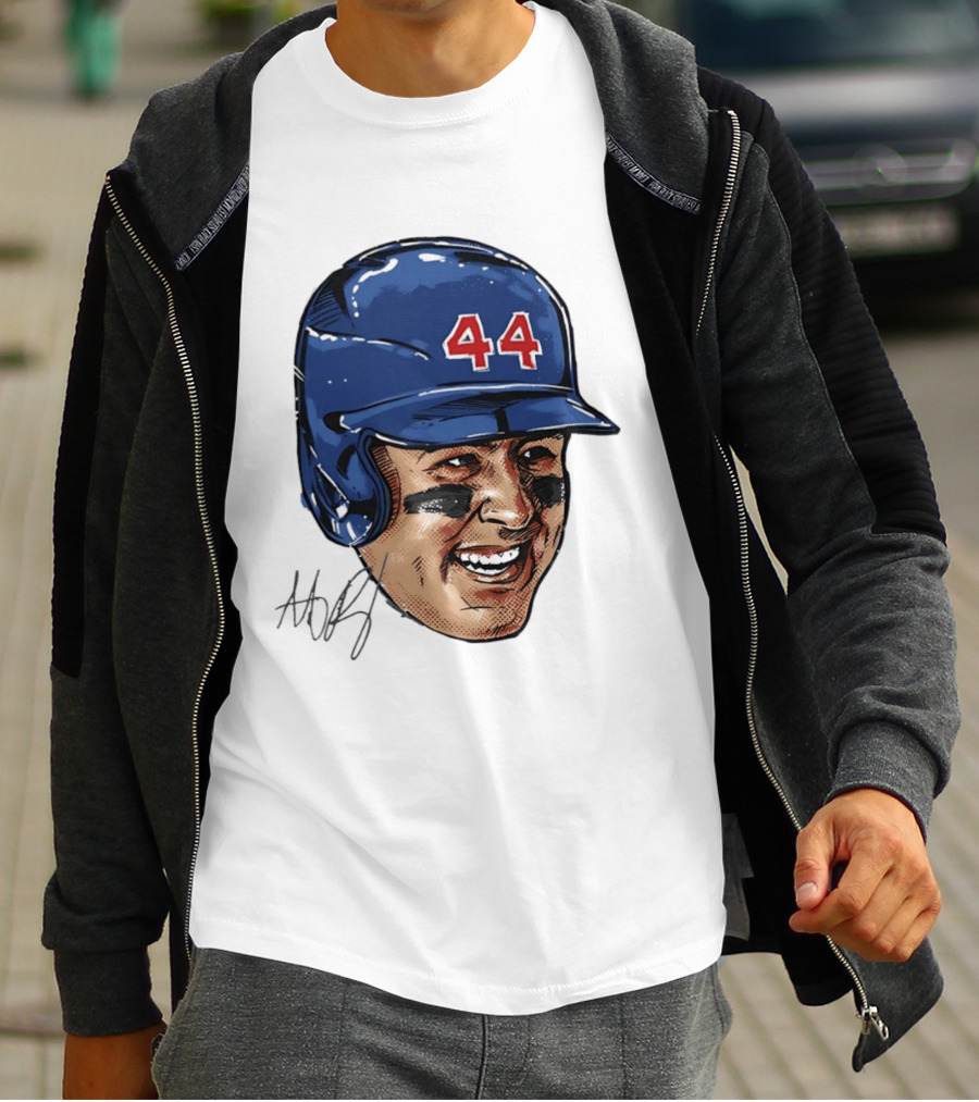 Anthony Rizzo 44 Blue Helmet Halftone Caricature T-Shirt