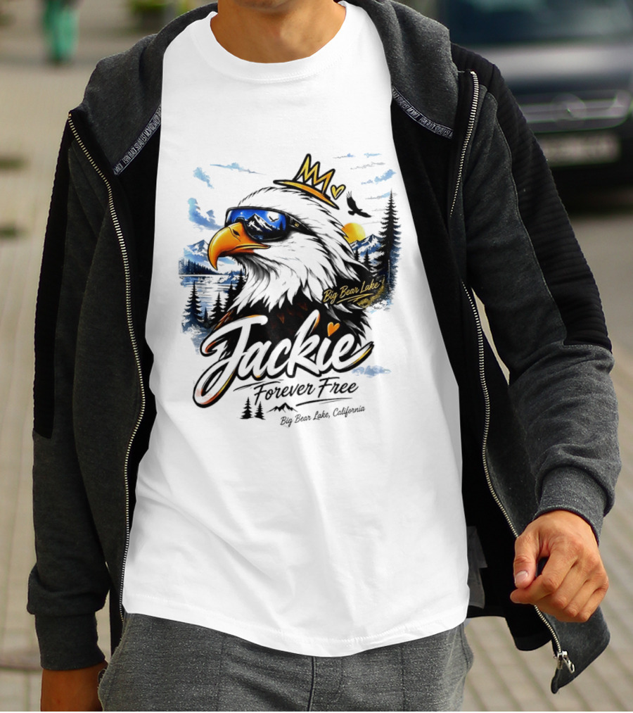Jackie Forever Free Crowned Eagle Big Bear Lake California Sunglasses Sun Mountains T-Shirt