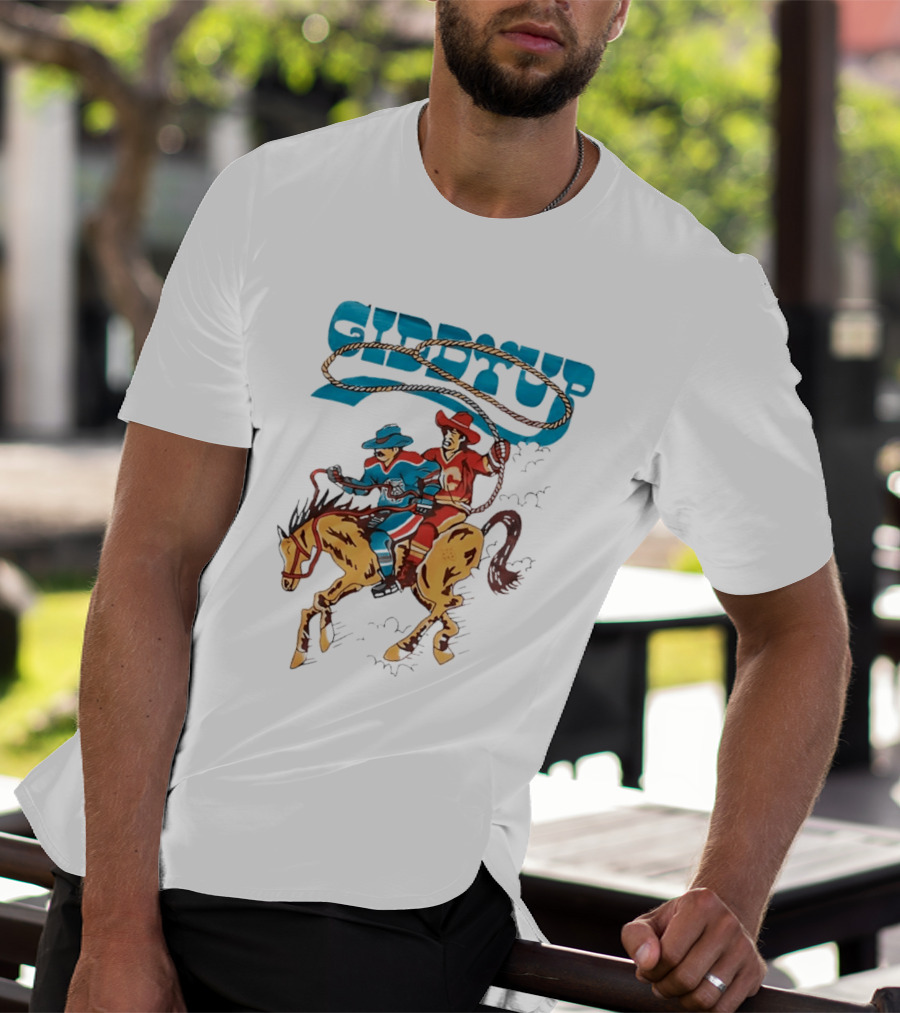 Calgary Flames Edmonton Oilers NHL Hockey Players Giddyup Cartoon Riding Bucking Horse Lasso T-Shirt