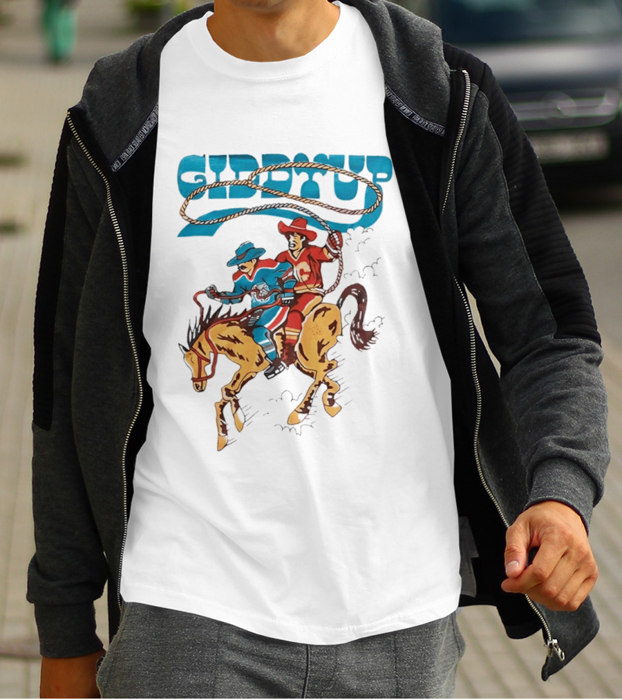Calgary Flames Edmonton Oilers NHL Hockey Players Giddyup Cartoon Riding Bucking Horse Lasso T-Shirt