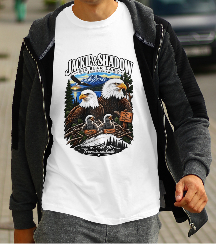 Jackie And Shadow Big Bear Lake California Bald Eagles Eaglets Nest Forever In Our Hearts Sunset Mountain T-Shirt
