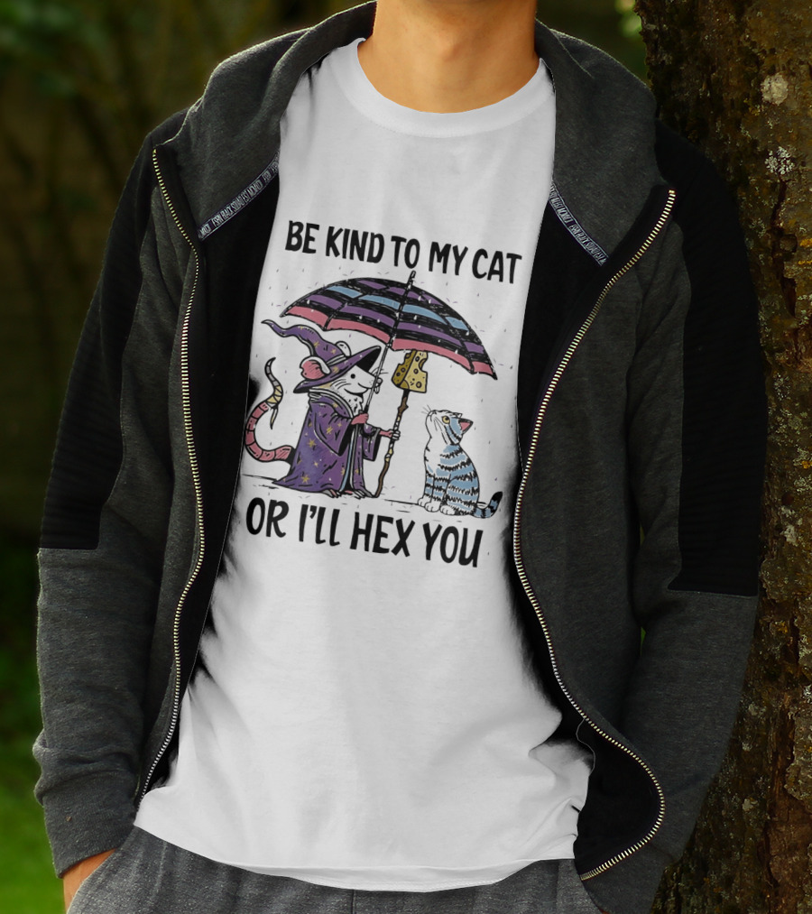 Be Kind To My Cat Or I'll Hex You Cat Wizard With Rainbow Umbrella T-Shirt