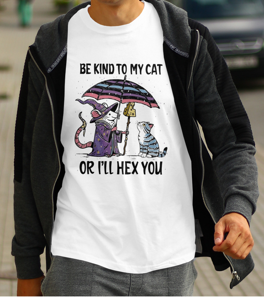 Be Kind To My Cat Or I'll Hex You Cat Wizard With Rainbow Umbrella T-Shirt
