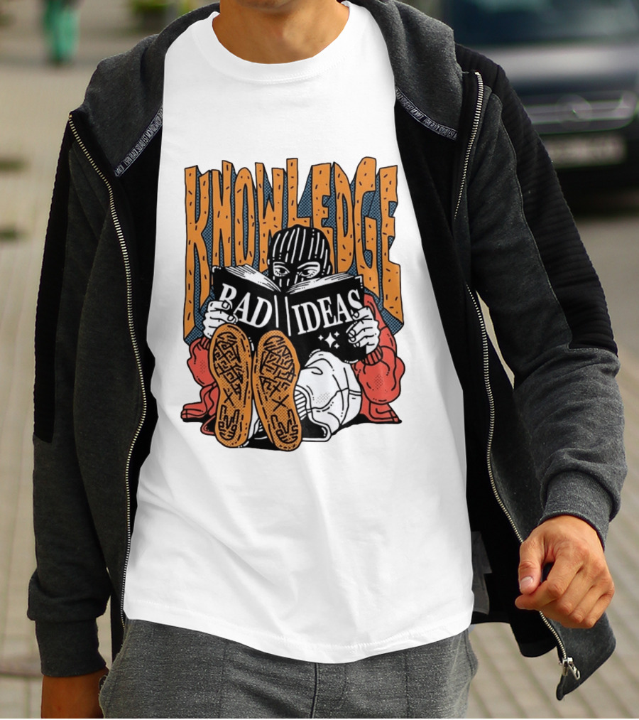 Knowledge Bad Ideas Elyski Balaclava Reading Book Shoe Soles Halftone Cartoon T-Shirt