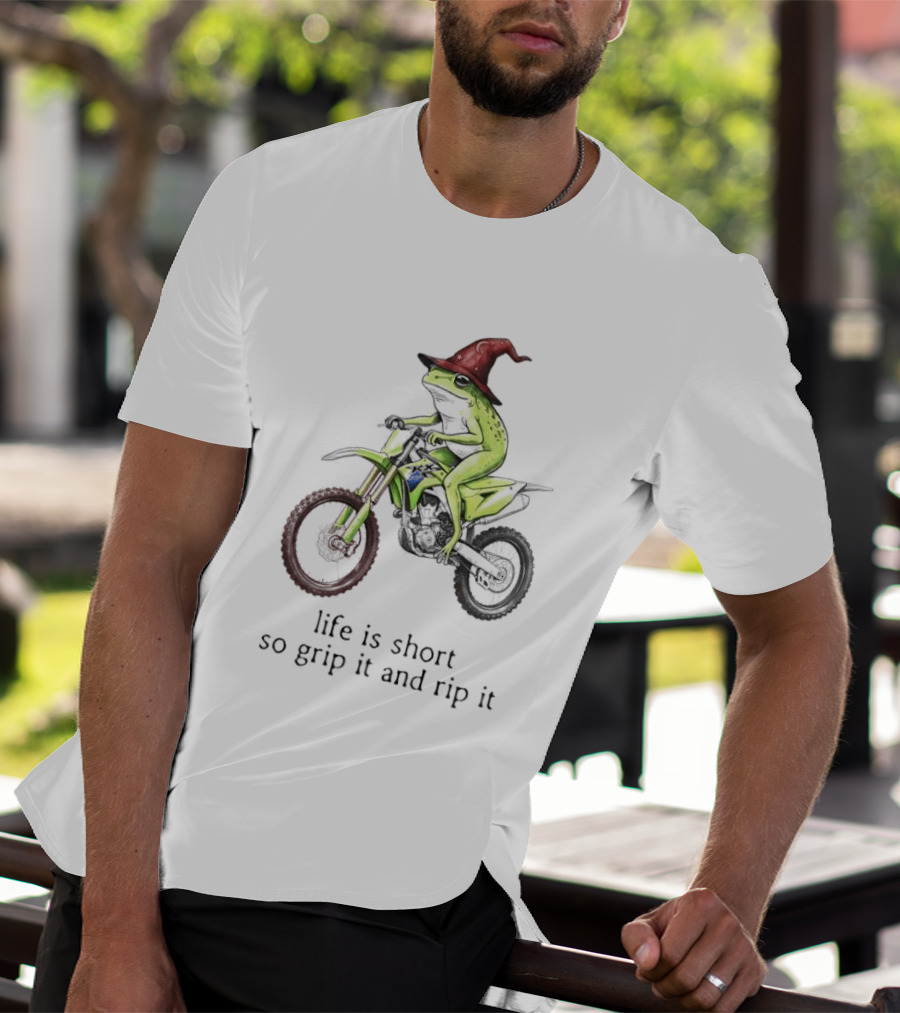Life Is Short So Grip It And Rip It Frog Red Wizard Hat Green Dirt Bike Adventure T-Shirt