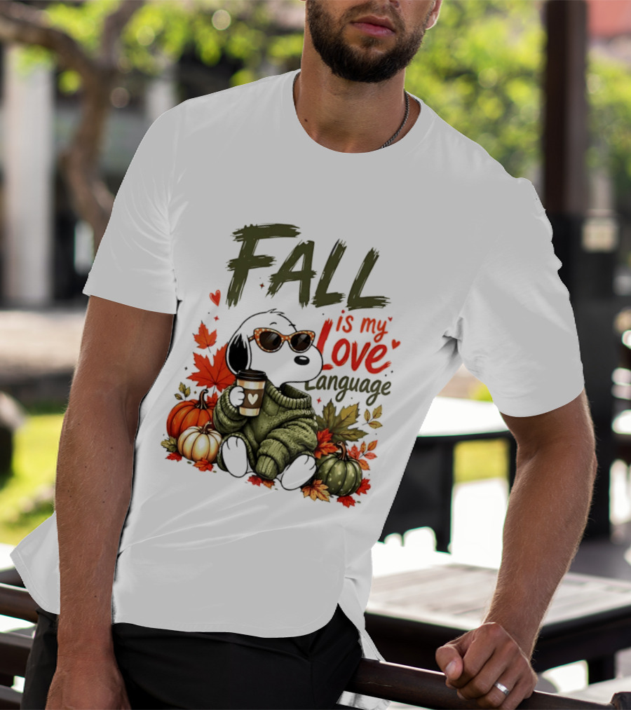Fall Is My Love Language Cartoon Dog Cozy Green Sweater Pumpkins Leaves Coffee T-Shirt