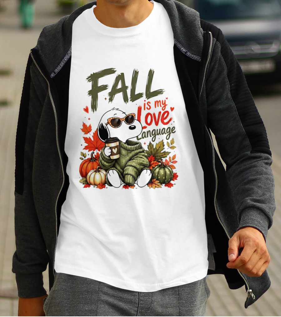 Fall Is My Love Language Cartoon Dog Cozy Green Sweater Pumpkins Leaves Coffee T-Shirt