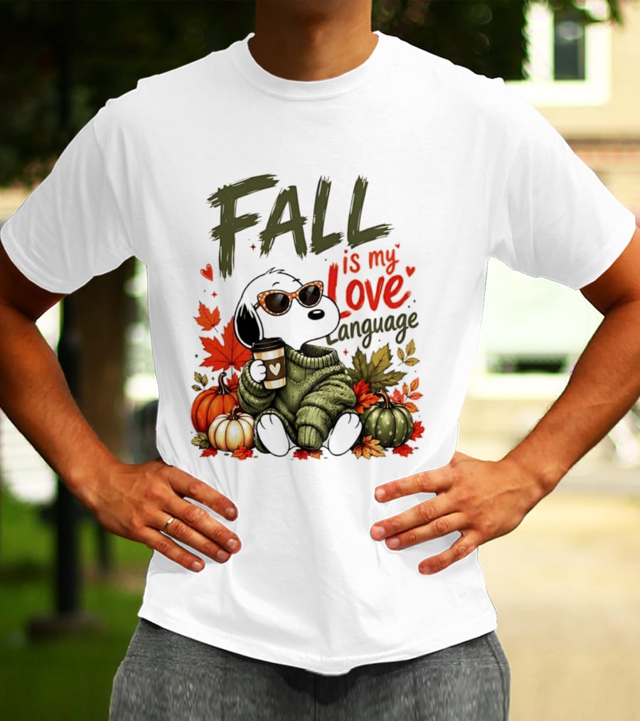Fall Is My Love Language Cartoon Dog Cozy Green Sweater Pumpkins Leaves Coffee T-Shirt