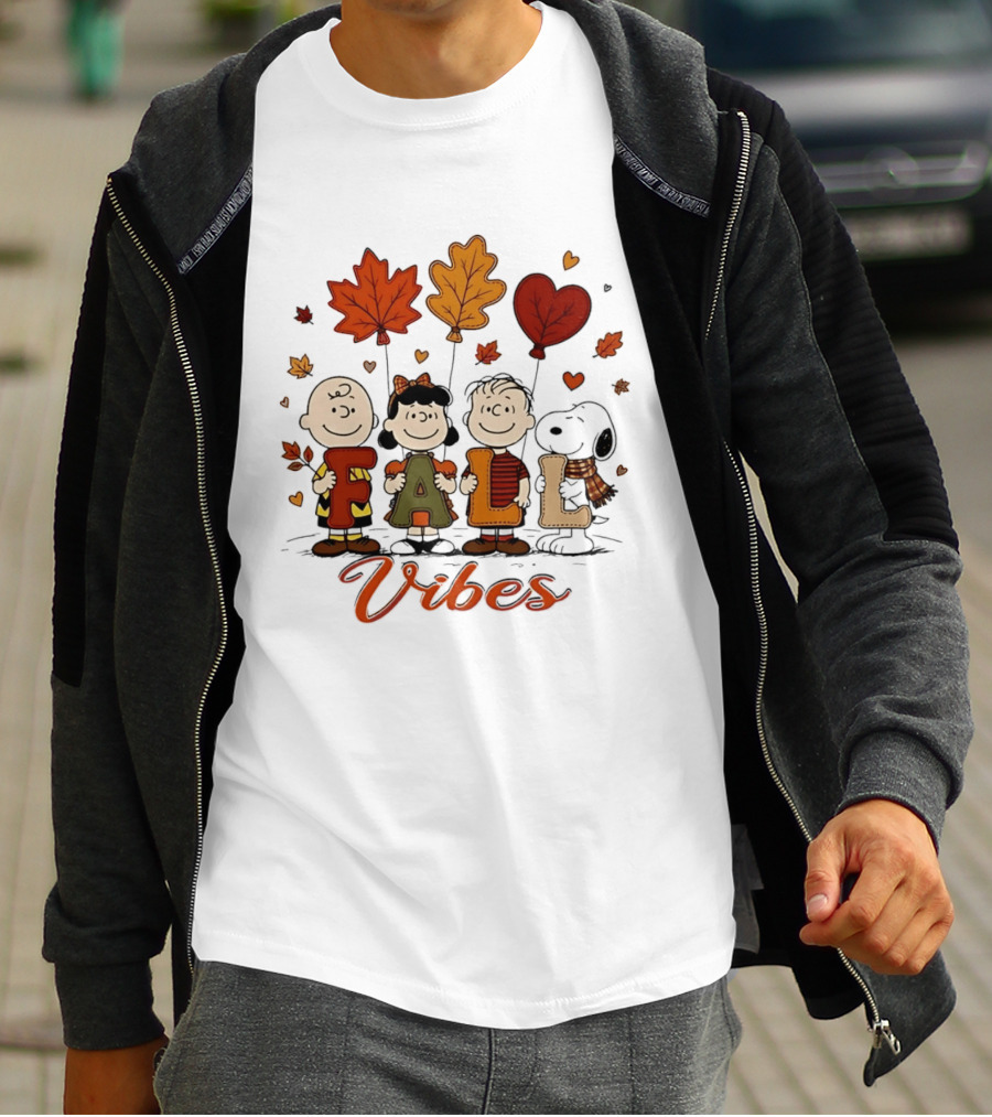 Fall Vibes Peanuts Characters With Leaf Balloons T-Shirt