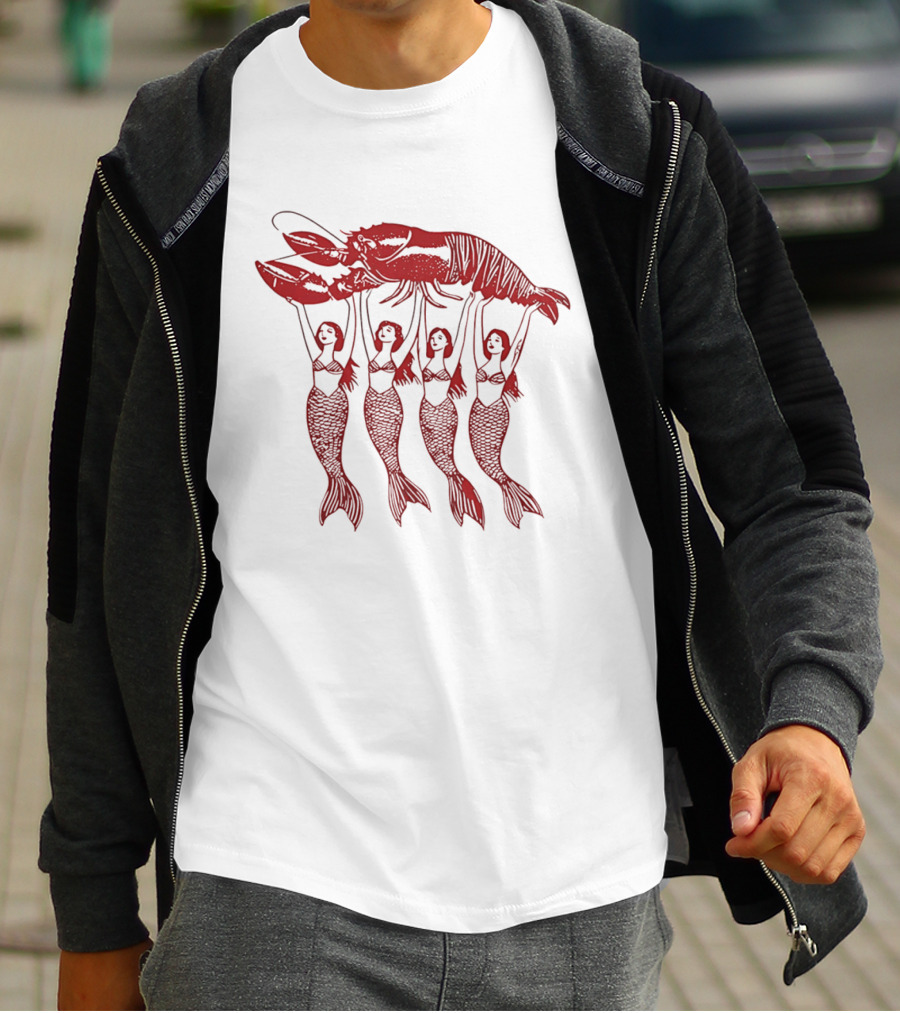 Four Mermaids Holding A Lobster Vintage Red Sea Creature T-Shirt