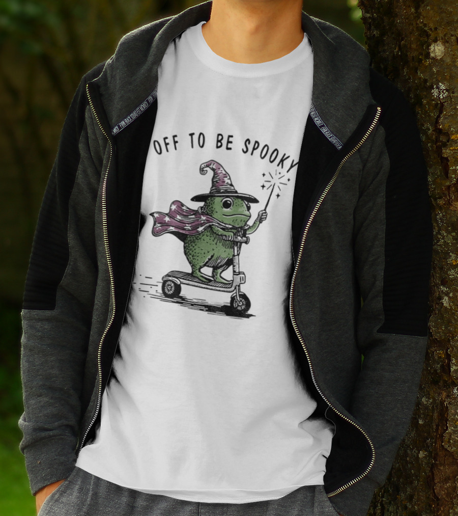 Frog Wizard On Scooter With Cape Off To Be Spooky Magic Wand T-Shirt