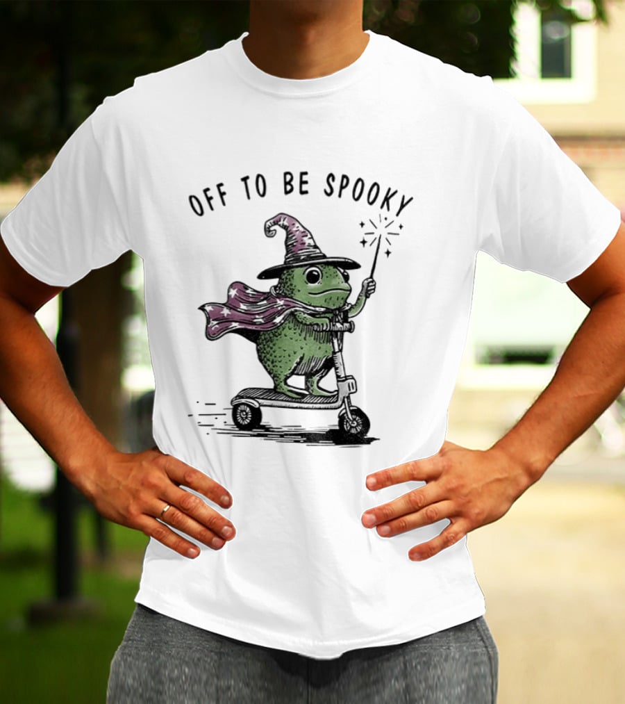 Frog Wizard On Scooter With Cape Off To Be Spooky Magic Wand T-Shirt