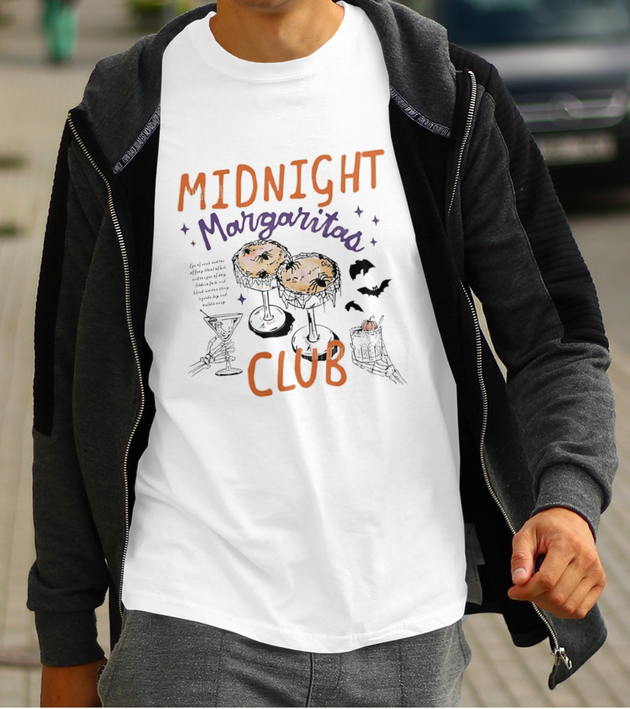 Midnight Margaritas Club Spooky Cocktail Skeleton Hands Bats And Spiderwebs T-Shirt