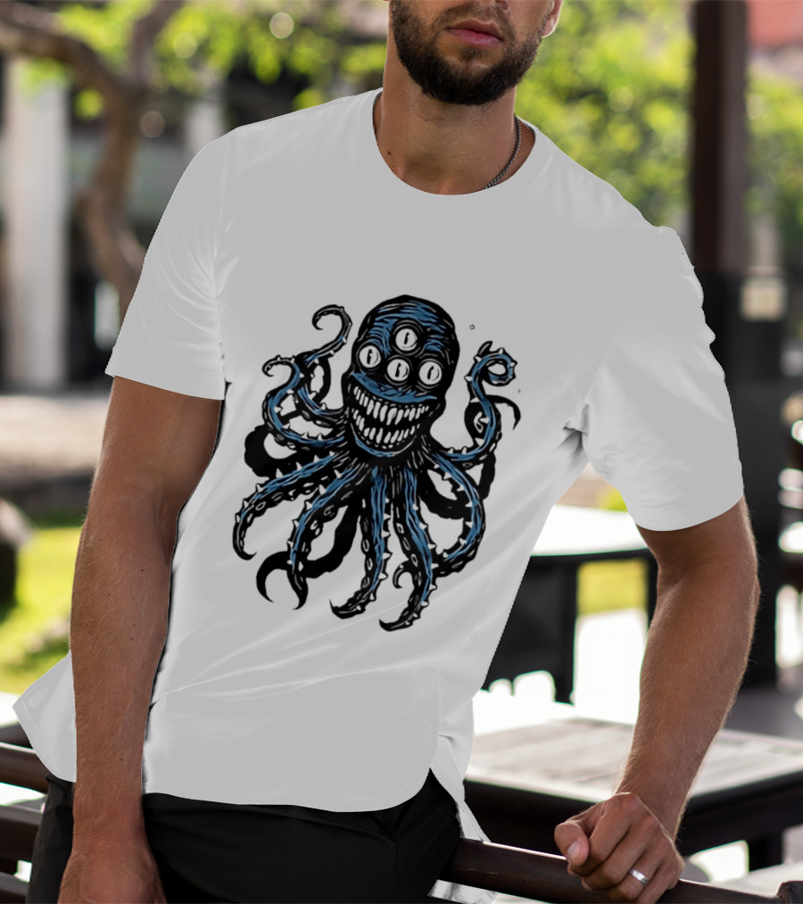 Monstrous Spiky Tentacles Blue Octopus Woodcut T-Shirt