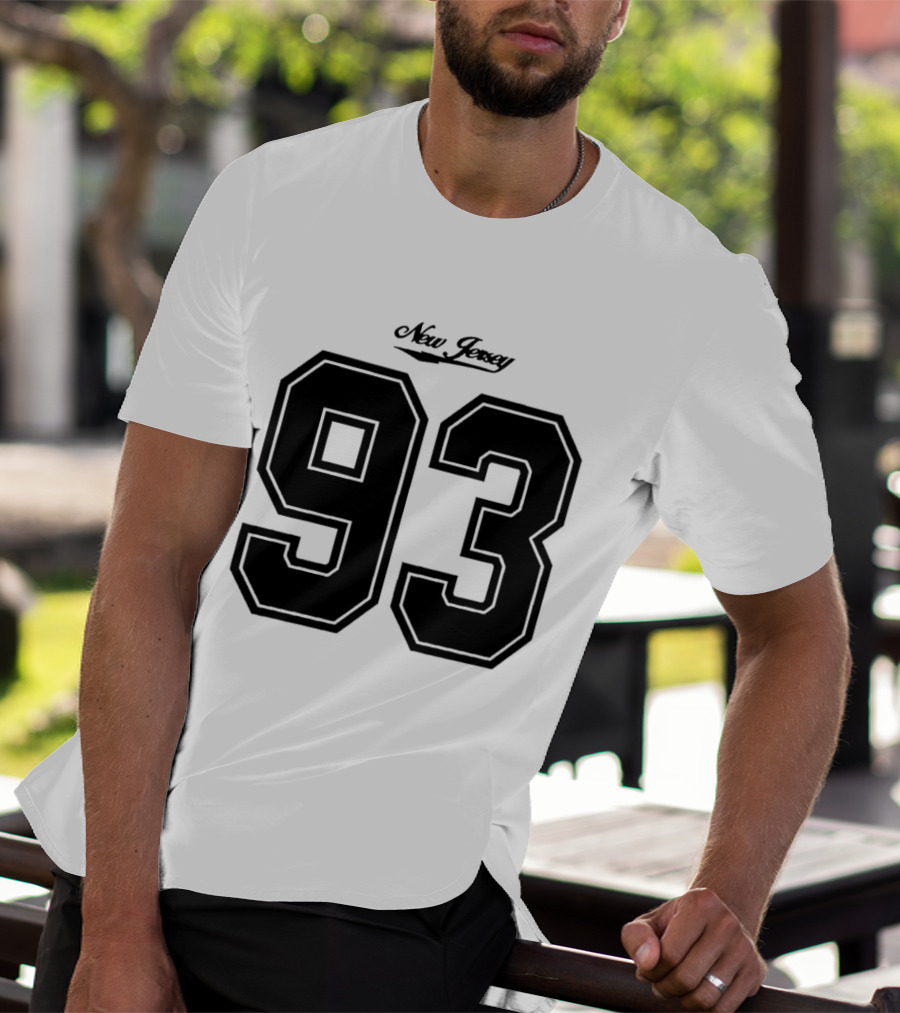 New Jersey 93 Cursive Script Black Varsity Block Number T-Shirt