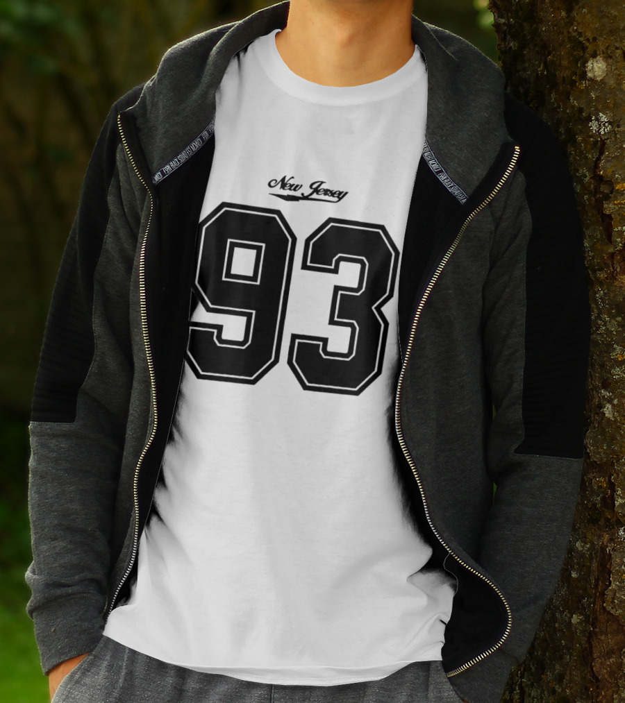 New Jersey 93 Cursive Script Black Varsity Block Number T-Shirt