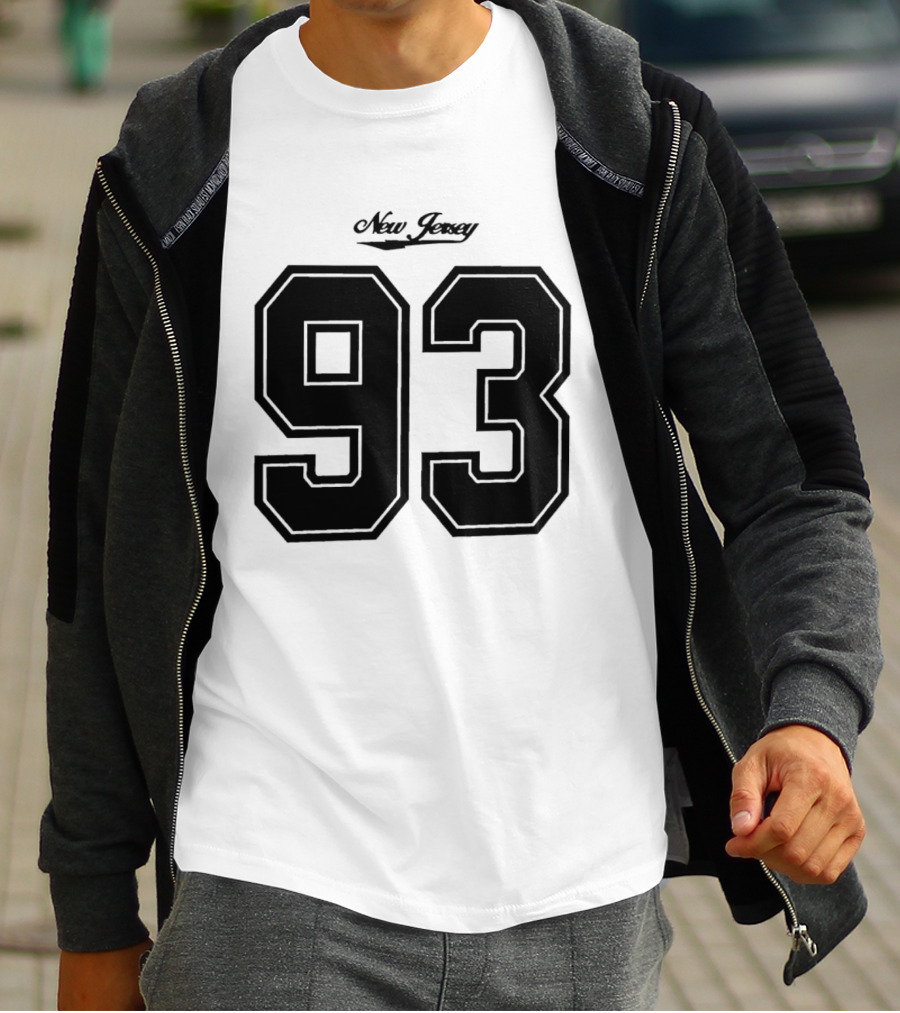 New Jersey 93 Cursive Script Black Varsity Block Number T-Shirt