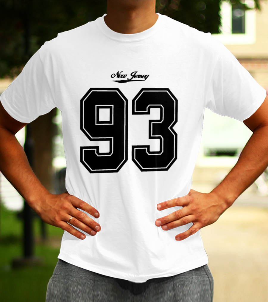 New Jersey 93 Cursive Script Black Varsity Block Number T-Shirt