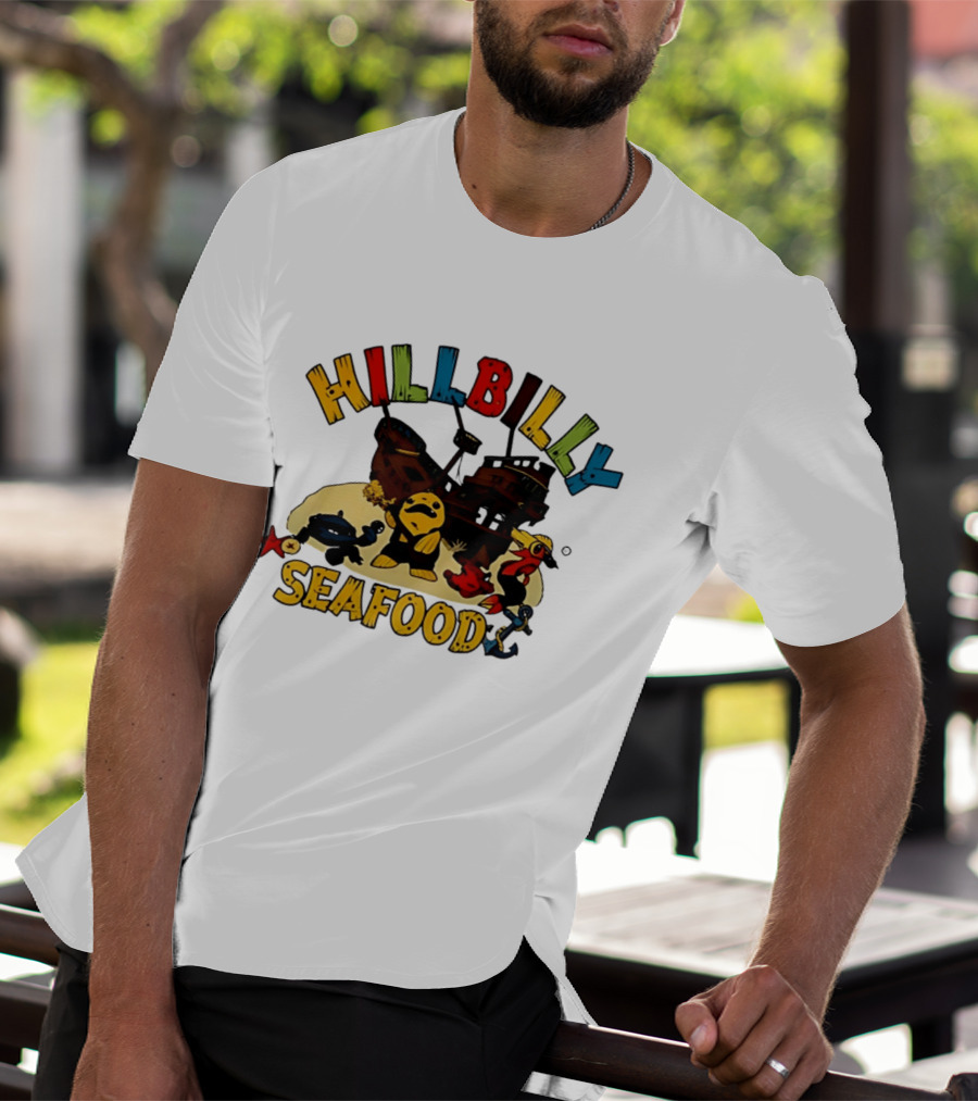Hillbilly Seafood Cartoon Pirate Ship And Ocean Life Fish Adventure T-Shirt