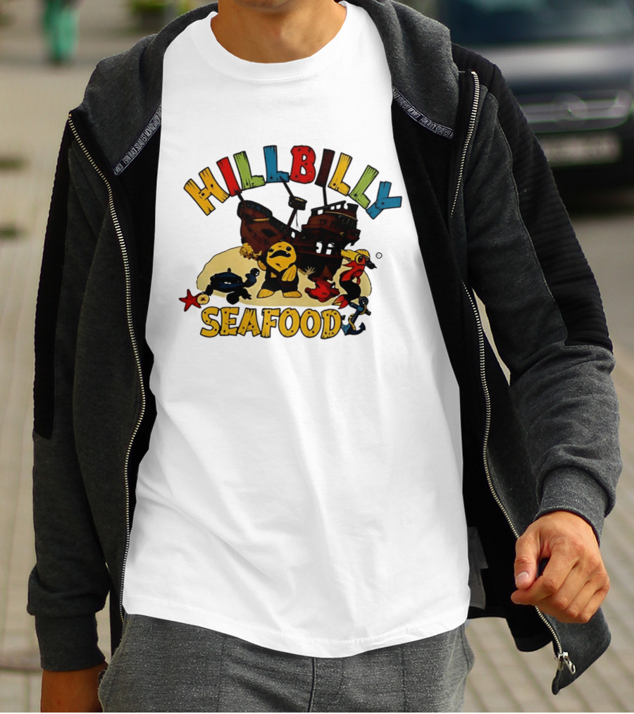 Hillbilly Seafood Cartoon Pirate Ship And Ocean Life Fish Adventure T-Shirt