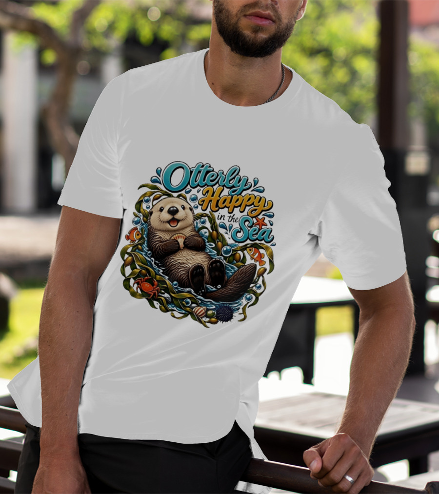 Otterly Happy In The Sea Cartoon Otter Floating With Kelp, Shell, Fish, Crab T-Shirt