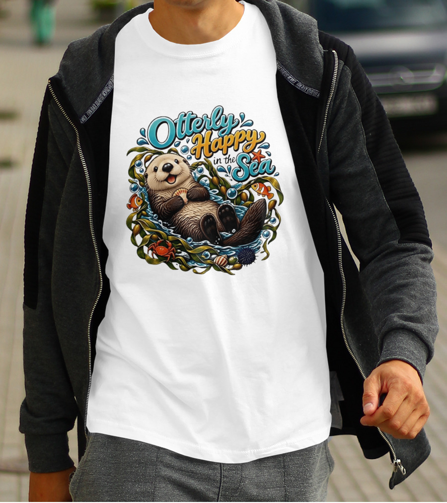 Otterly Happy In The Sea Cartoon Otter Floating With Kelp, Shell, Fish, Crab T-Shirt