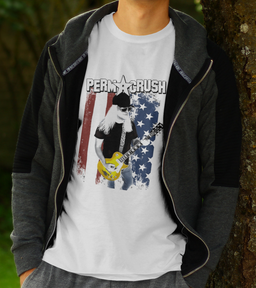 Perm A Crush Long Blonde Hair Yellow Guitar American Flag T-Shirt