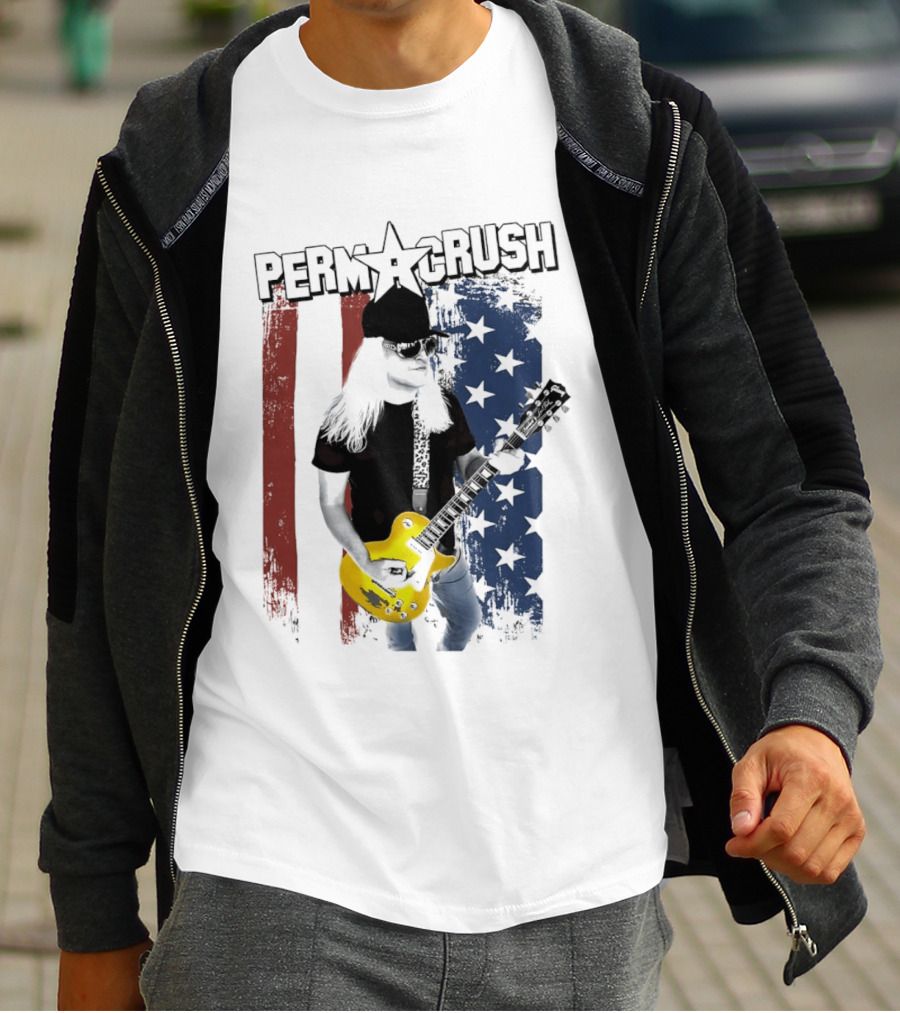 Perm A Crush Long Blonde Hair Yellow Guitar American Flag T-Shirt