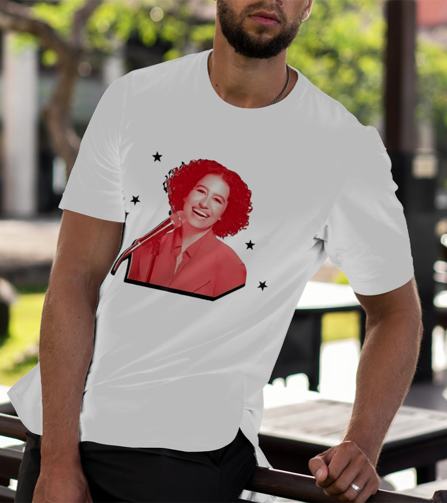 Red Tinted Woman Curly Hair Microphone Black Stars T-Shirt