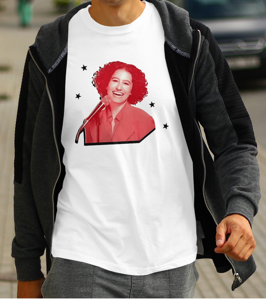Red Tinted Woman Curly Hair Microphone Black Stars T-Shirt