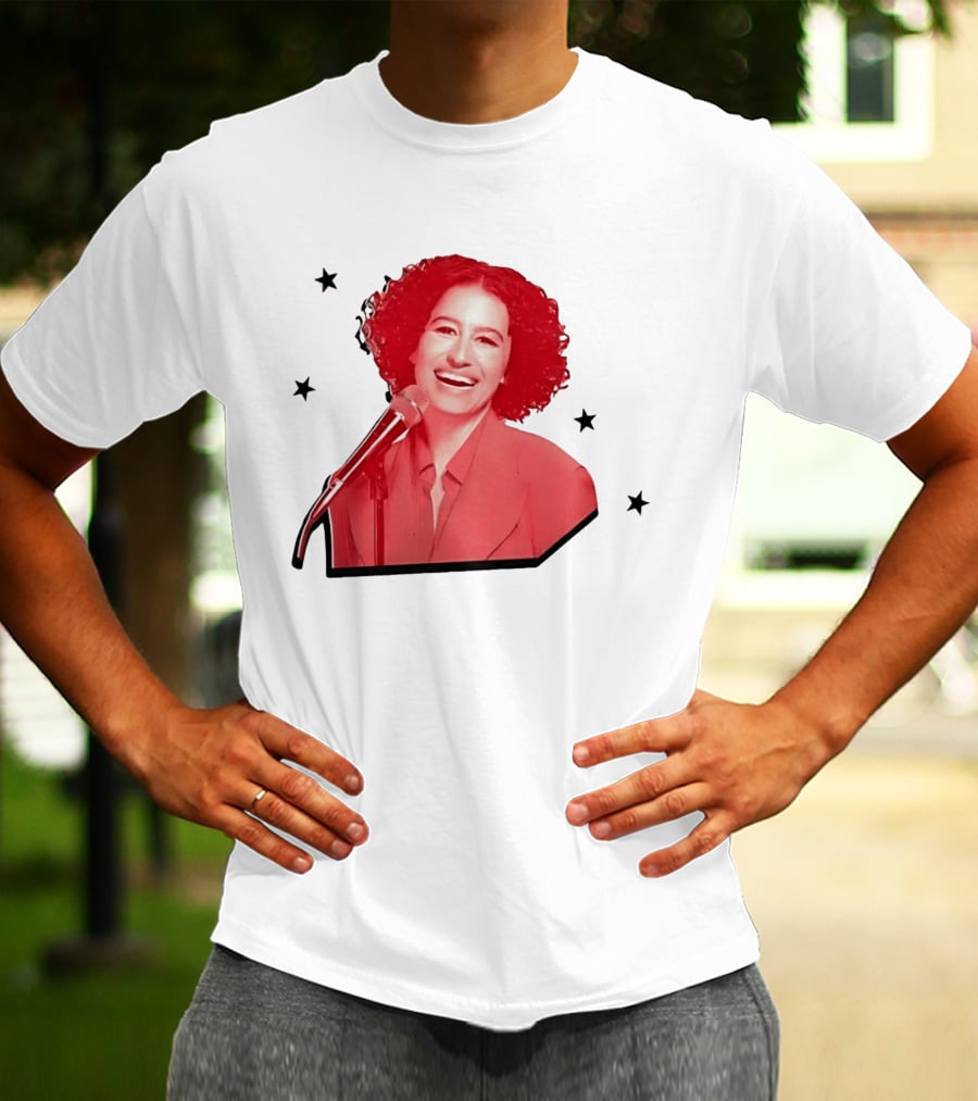 Red Tinted Woman Curly Hair Microphone Black Stars T-Shirt