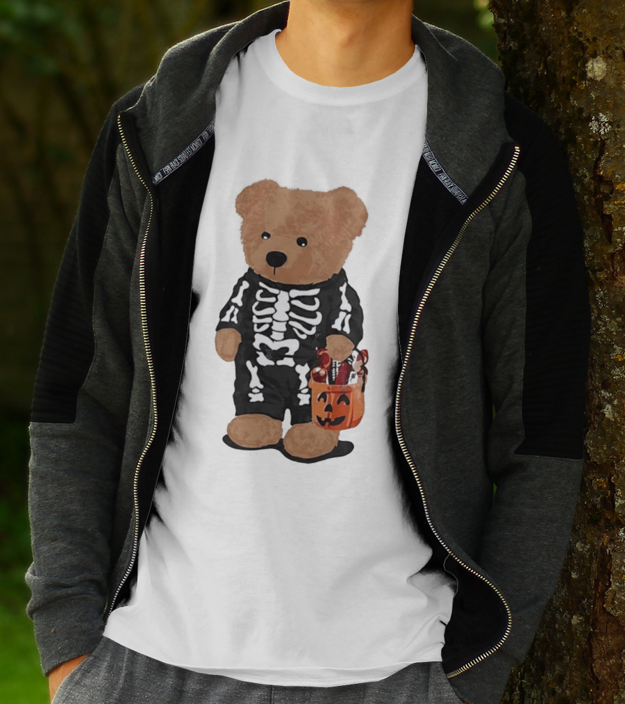 Teddy Bear Skeleton Costume Jack O Lantern Pumpkin Candy Cartoon T-Shirt