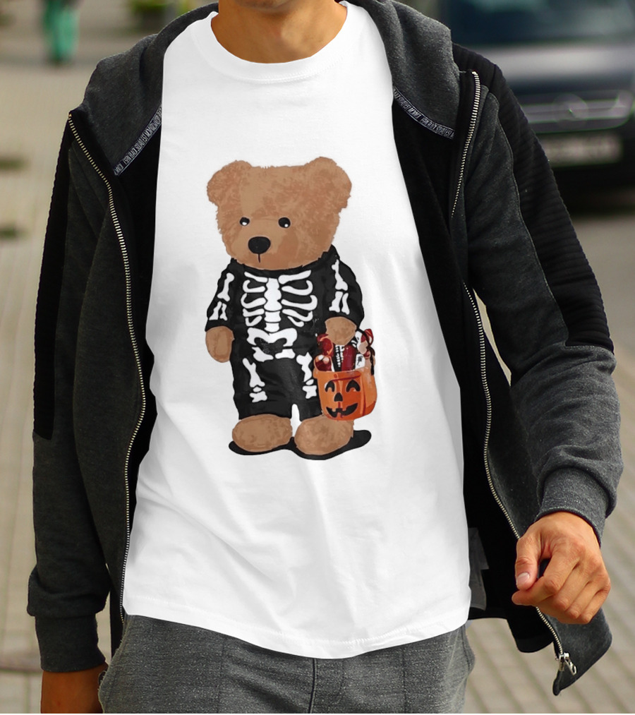 Teddy Bear Skeleton Costume Jack O Lantern Pumpkin Candy Cartoon T-Shirt