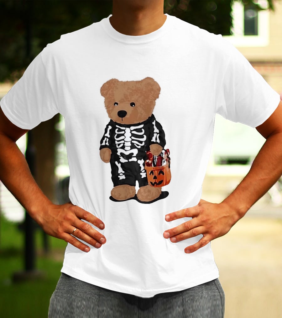 Teddy Bear Skeleton Costume Jack O Lantern Pumpkin Candy Cartoon T-Shirt