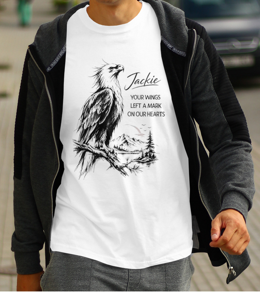 Jackie Your Wings Left A Mark On Our Hearts Eagle Perched Branch Mountain Lake Sketch T-Shirt