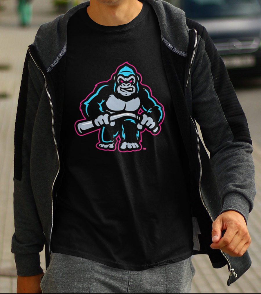 Aggressive Gorilla With Hockey Stick Neon T-Shirt