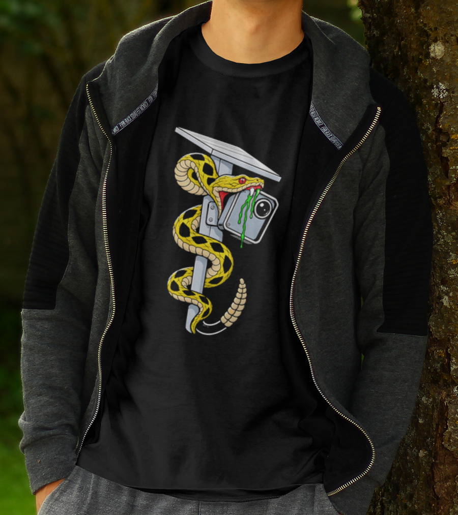 Cartoon Yellow Rattlesnake Biting Security Camera Solar Panel Pole Dripping Venom T-Shirt
