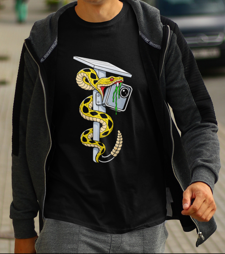 Cartoon Yellow Rattlesnake Biting Security Camera Solar Panel Pole Dripping Venom T-Shirt