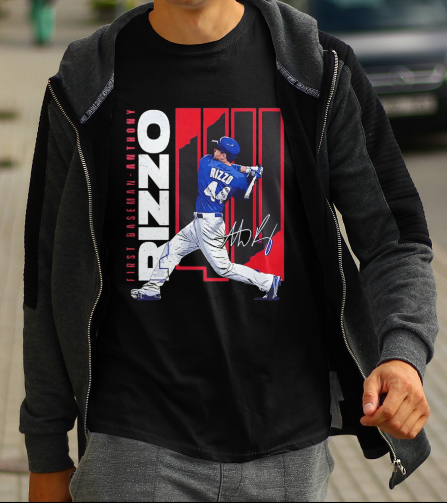 First Baseman Anthony Rizzo Swinging Action 44 Distressed T-Shirt